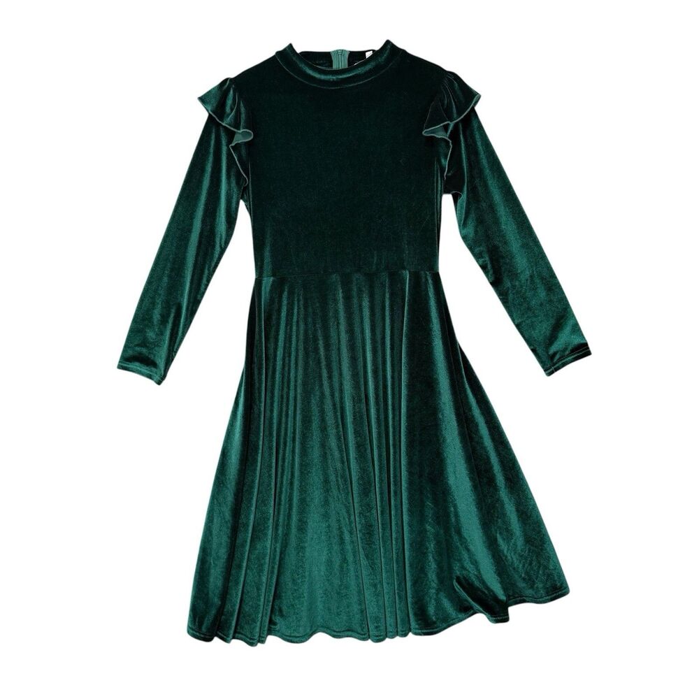 Ivy City Co Emerald Green Velvet Dress Size Medium Long Sleeve Midi Ruffle